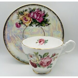 Regency June Rose Teacup Saucer Set Bone China Lusterware Pink Floral Gold